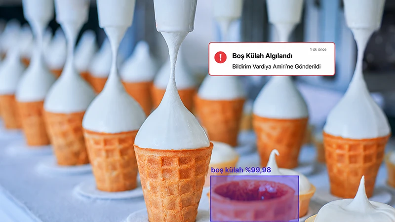 Dondurma üretim hattında anomali tespit sistemi tarafından belirlenen boş külah